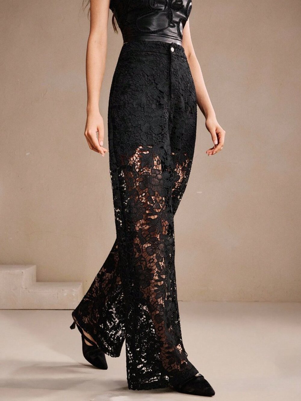 Black Elegant Women's Floral Lace Hollow-Out Pants - Picture 4 of 7